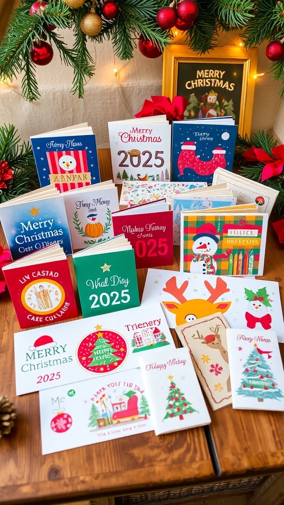 Creative Christmas Card Ideas for 2025 A collection of creative Christmas cards for 2025 displayed on a wooden table with holiday decorations.